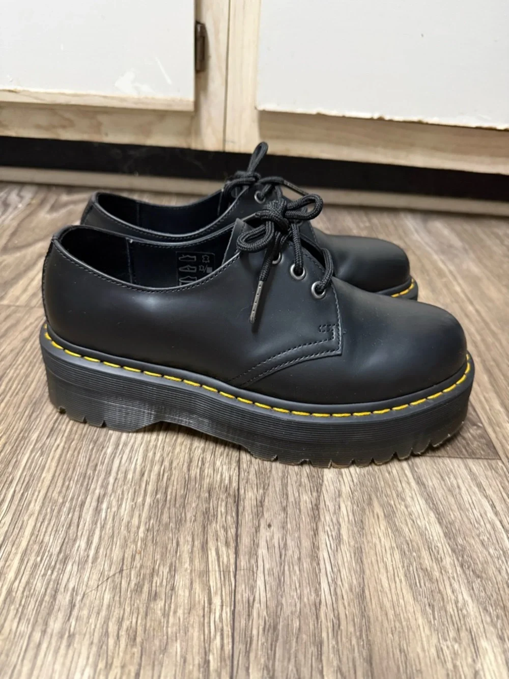Dr. Martens Black 3-Eye Lace-Up Oxfords with Yellow Welt Stitching - Picture 3 of 6